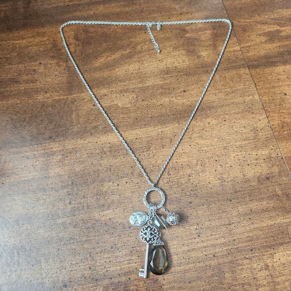 Lia Sophia Long Silver Tone Charm Necklace Key‎ Cameo Filigree Teardrop 36in